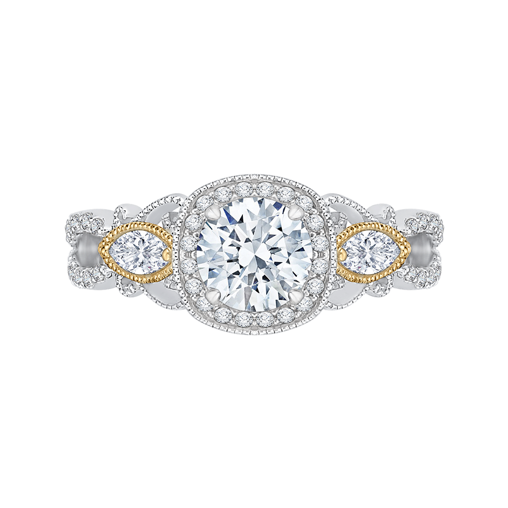 14k tow-tone gold round diamond halo engagement ring (semi-mount)