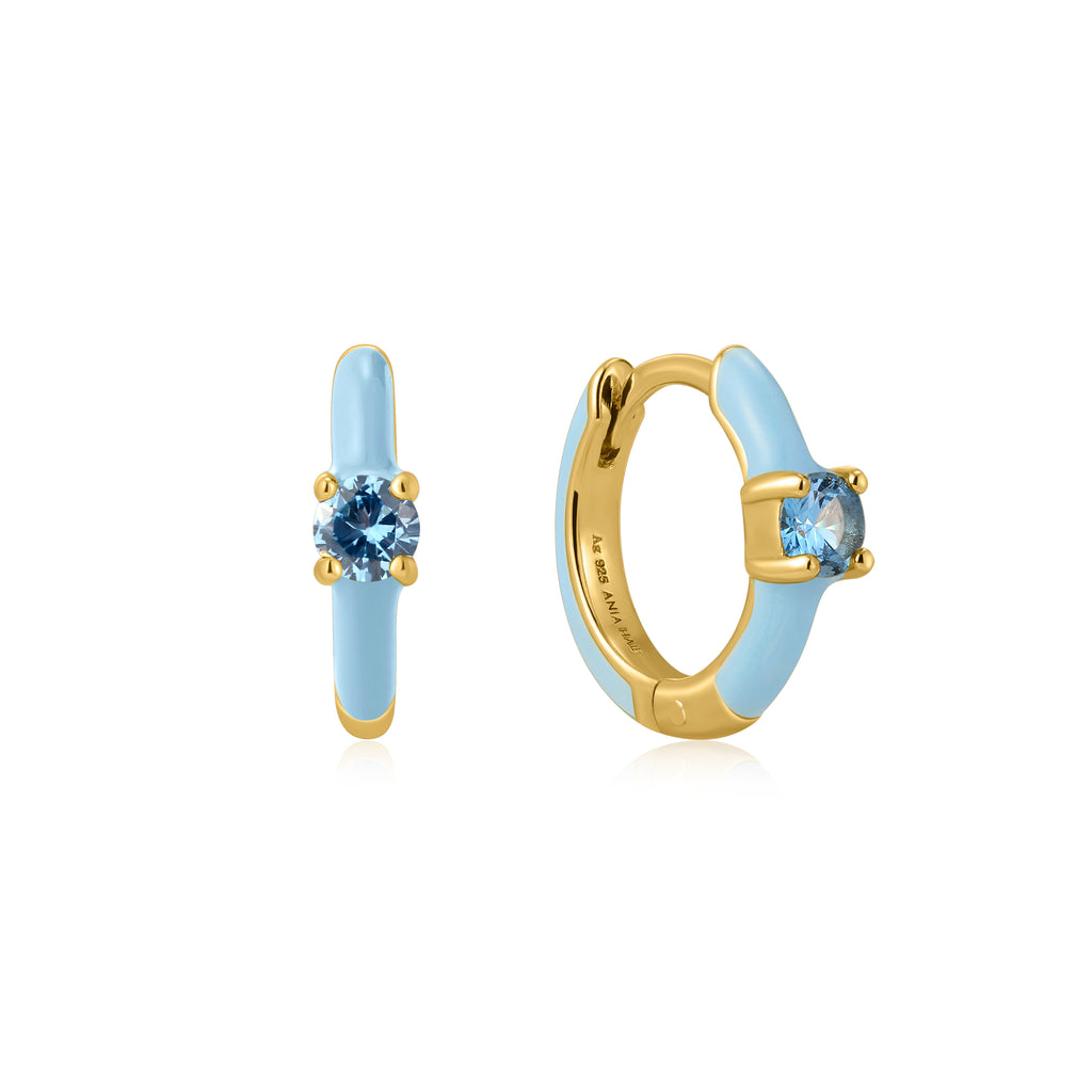 powder blue enamel gold huggie hoop earrings