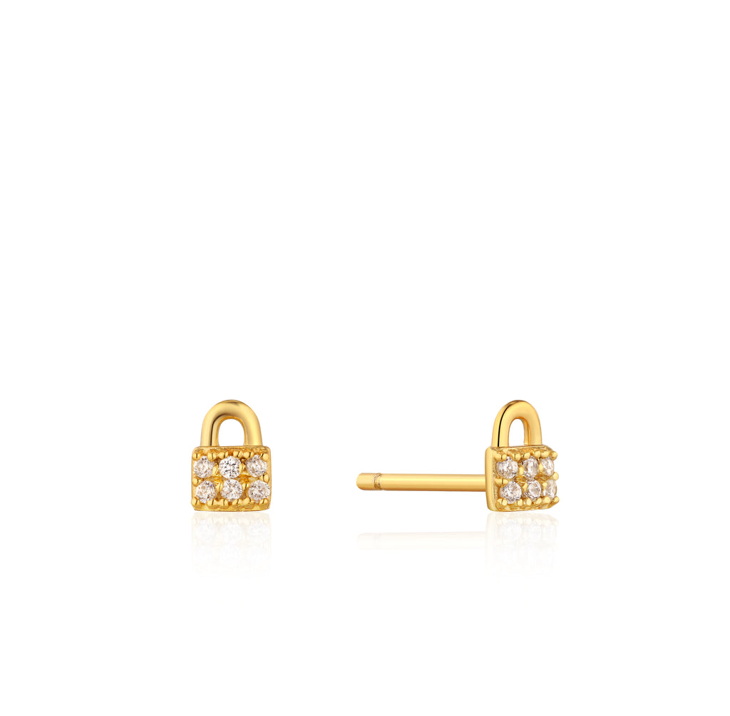 gold padlock sparkle stud earrings 