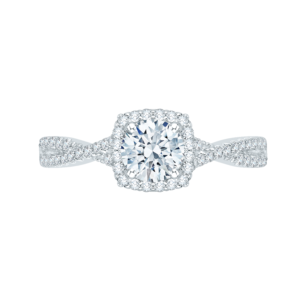 14k white gold round diamond halo engagement ring with split shank